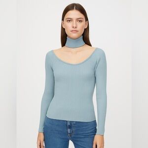 Lila Cilly Ribbed Knit Chocker Collar Sweater Light Blue Long Sleeve Top